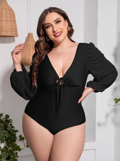 Plus Size Tied Deep V Balloon Sleeve One-Piece Swimsuit - Urban Trend Fashion