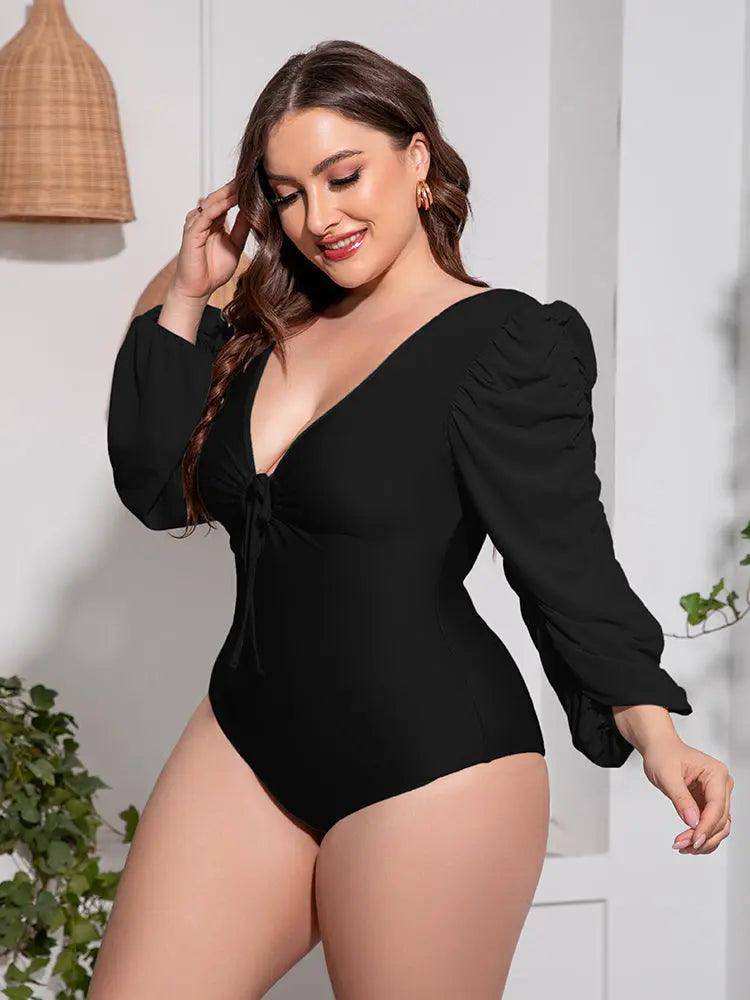 Plus Size Tied Deep V Balloon Sleeve One-Piece Swimsuit - Urban Trend Fashion