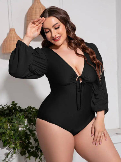 Plus Size Tied Deep V Balloon Sleeve One-Piece Swimsuit - Urban Trend Fashion