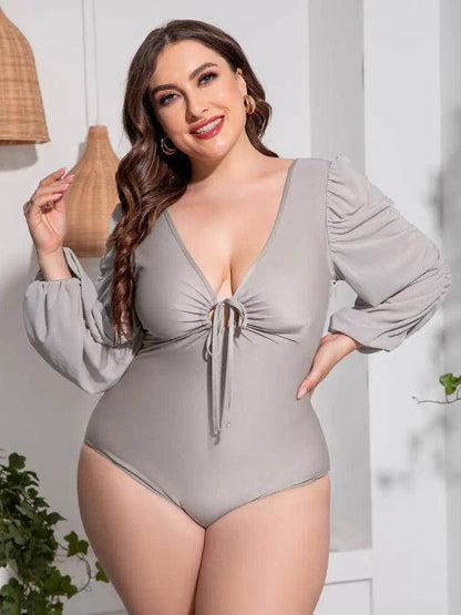 Plus Size Tied Deep V Balloon Sleeve One-Piece Swimsuit - Urban Trend Fashion