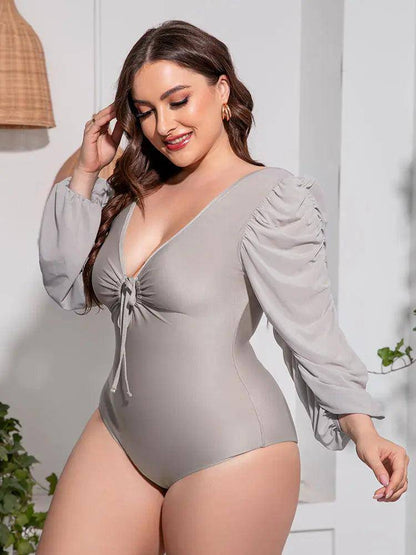 Plus Size Tied Deep V Balloon Sleeve One-Piece Swimsuit - Urban Trend Fashion