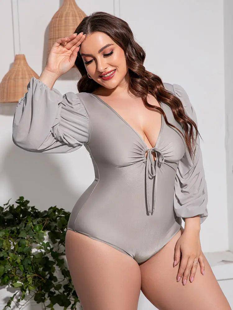 Plus Size Tied Deep V Balloon Sleeve One-Piece Swimsuit - Urban Trend Fashion