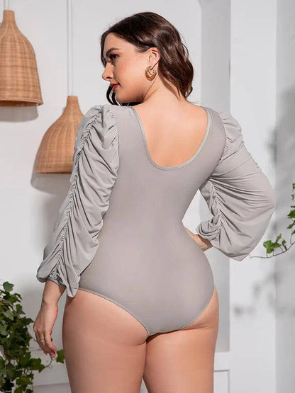 Plus Size Tied Deep V Balloon Sleeve One-Piece Swimsuit - Urban Trend Fashion