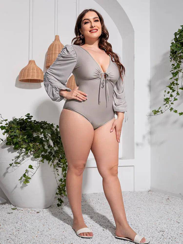 Plus Size Tied Deep V Balloon Sleeve One-Piece Swimsuit - Urban Trend Fashion