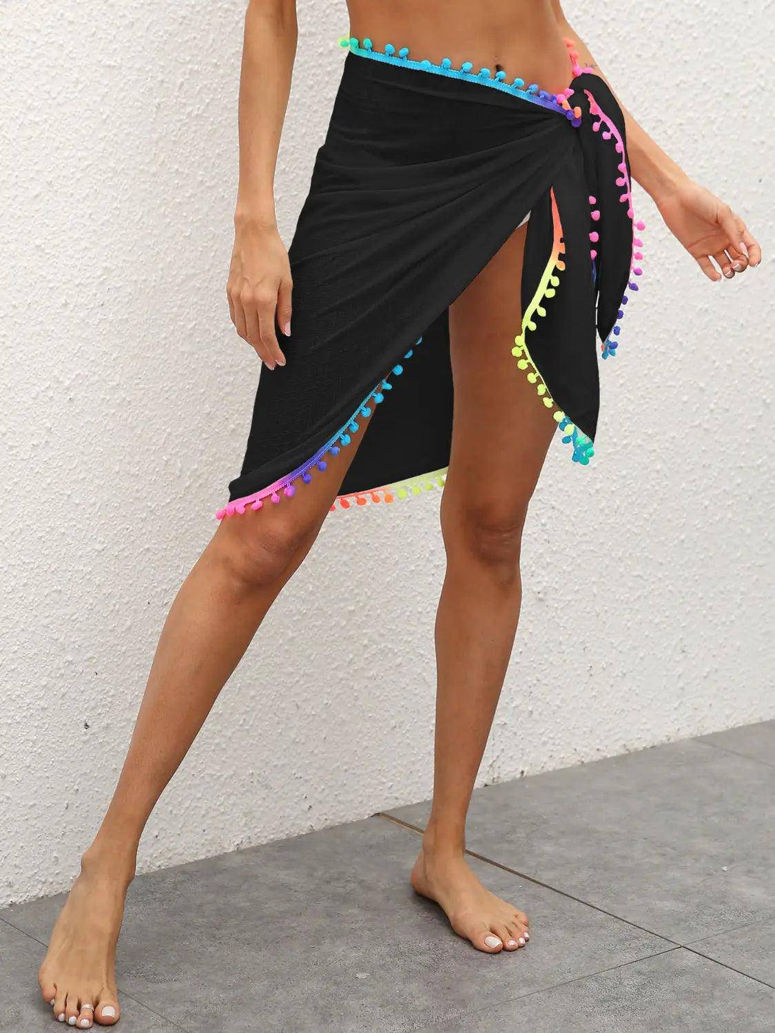 Rainbow Pompom Trim Swim Skirt - Urban Trend Fashion