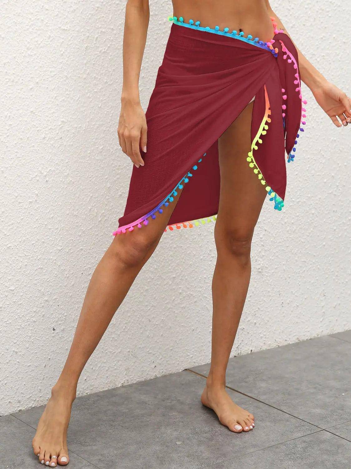 Rainbow Pompom Trim Swim Skirt - Urban Trend Fashion