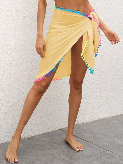 Rainbow Pompom Trim Swim Skirt - Urban Trend Fashion