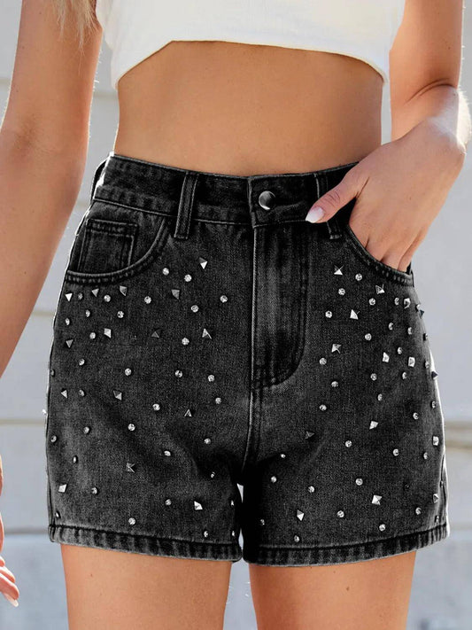 Rhinestone Washed High Waist Denim Shorts - Urban Trend Fashion