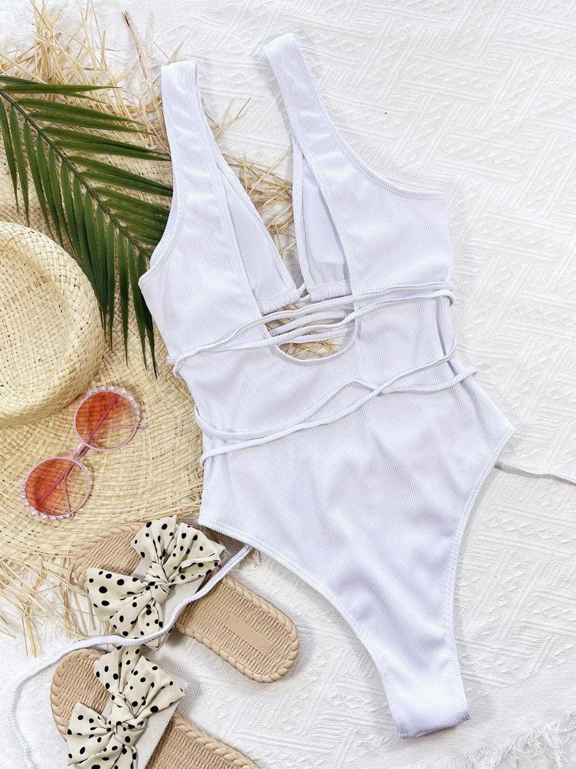 Ribbed Lace Up One-Piece Swimsuit - Urban Trend Fashion