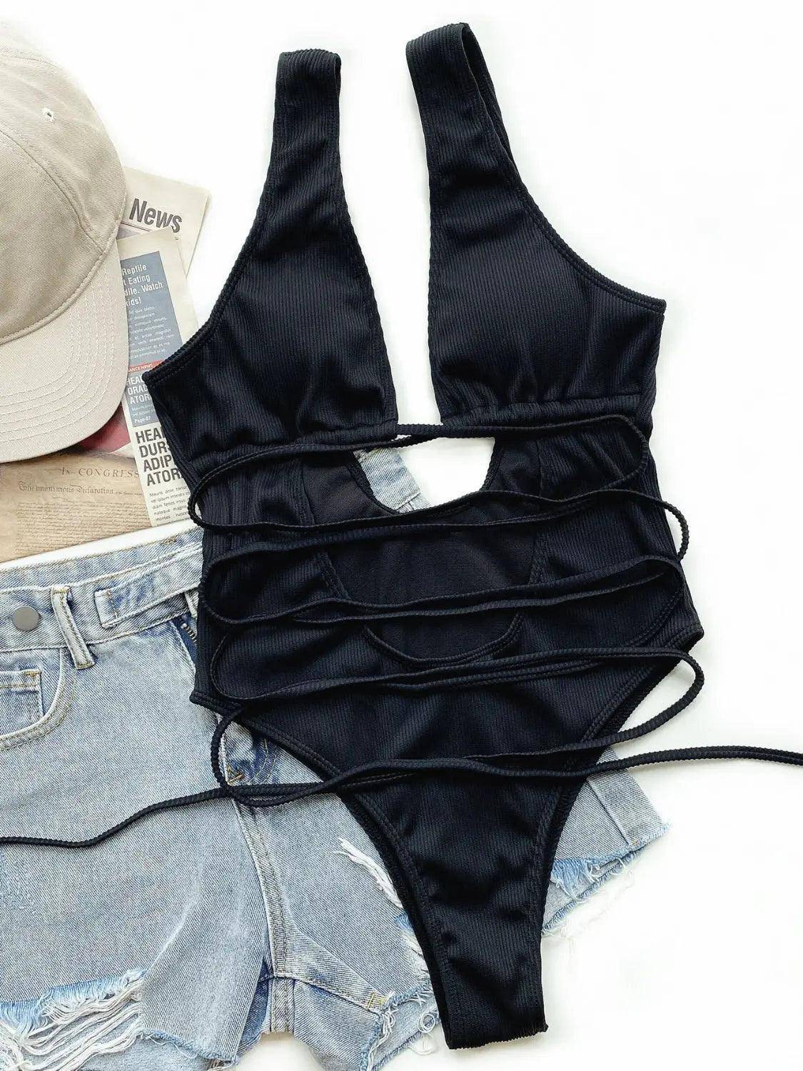 Ribbed Lace Up One-Piece Swimsuit - Urban Trend Fashion