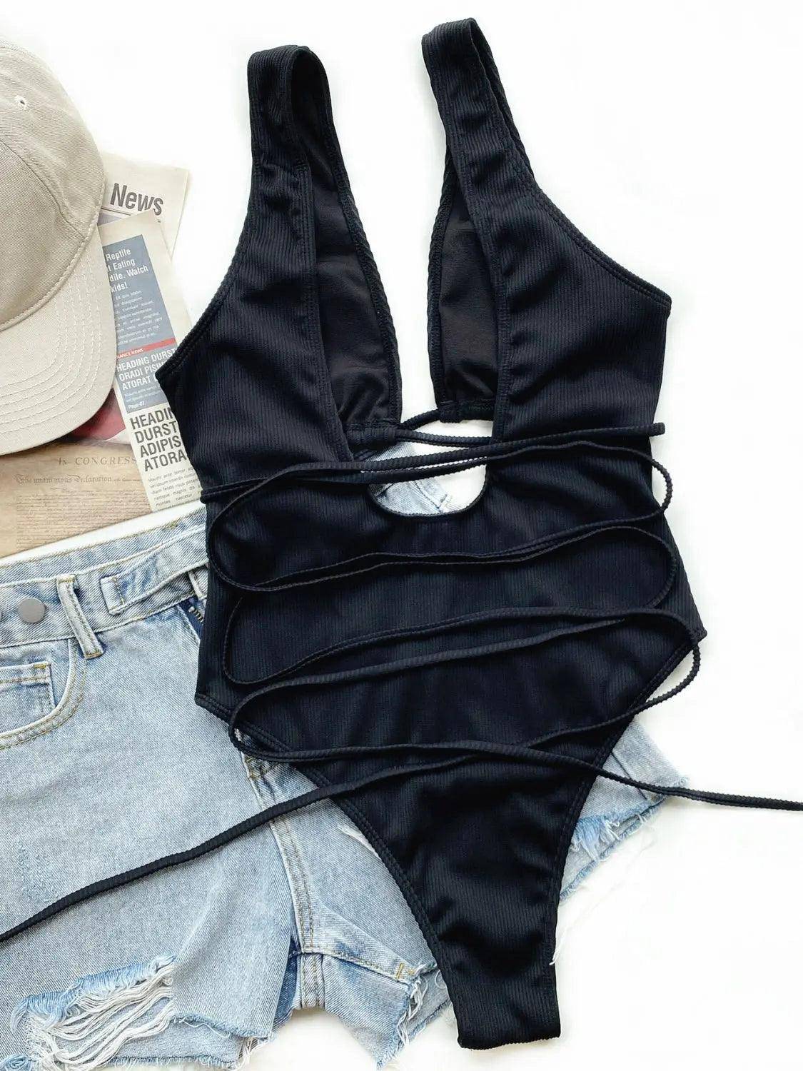 Ribbed Lace Up One-Piece Swimsuit - Urban Trend Fashion