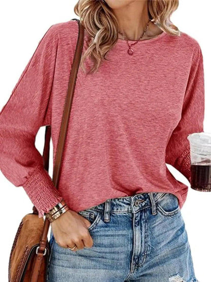 Round Neck Smocked Lantern Sleeve T-Shirt - Urban Trend Fashion