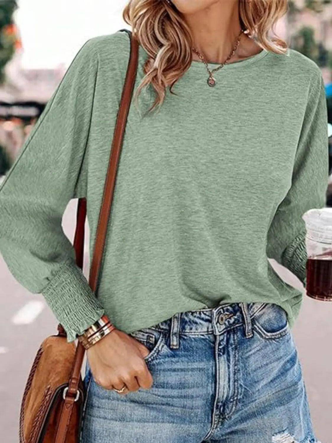 Round Neck Smocked Lantern Sleeve T-Shirt - Urban Trend Fashion