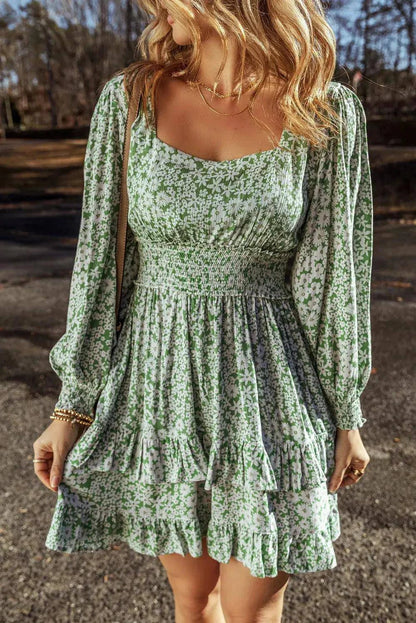 Ruffle Hem Floral Square Neck Long Sleeve Dress - Urban Trend Fashion