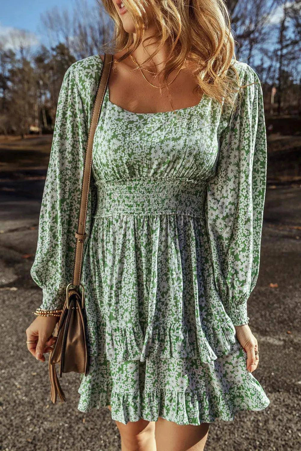 Ruffle Hem Floral Square Neck Long Sleeve Dress - Urban Trend Fashion