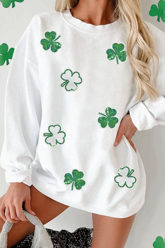 Sequin Lucky Clover Round Neck Long Sleeve Sweatshirt - Urban Trend Fashion