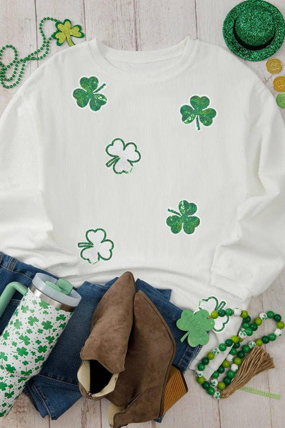 Sequin Lucky Clover Round Neck Long Sleeve Sweatshirt - Urban Trend Fashion