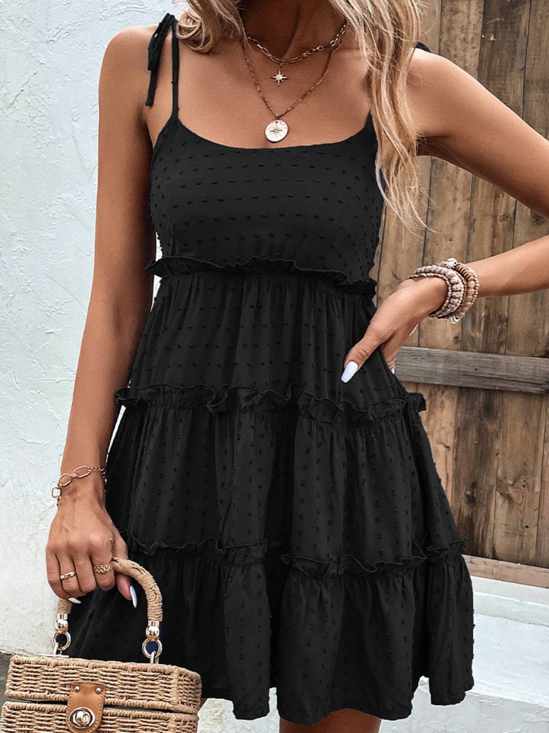 Shiny Frill Spaghetti Strap Tiered Dress - Urban Trend Fashion