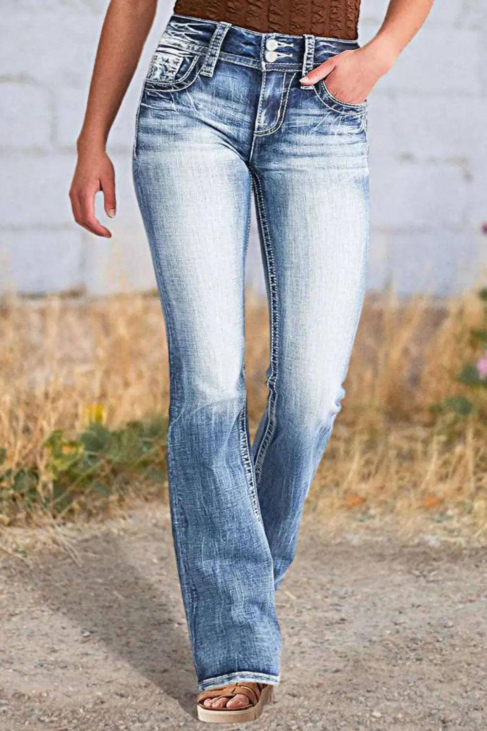 Star Embroidered Bootcut Jeans - Urban Trend Fashion