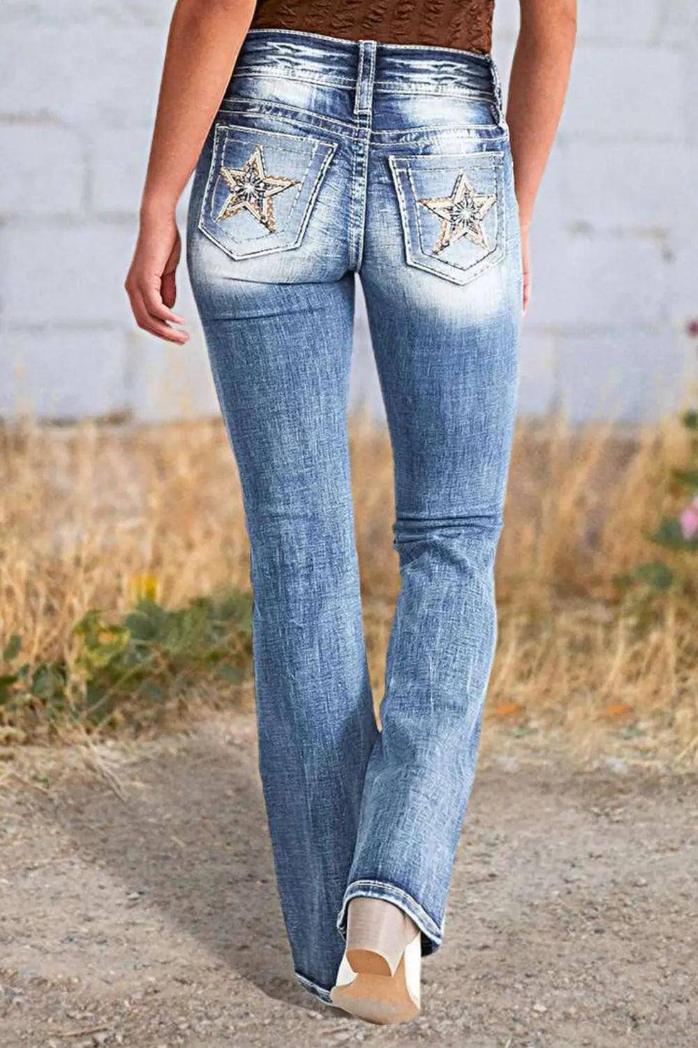 Star Embroidered Bootcut Jeans - Urban Trend Fashion