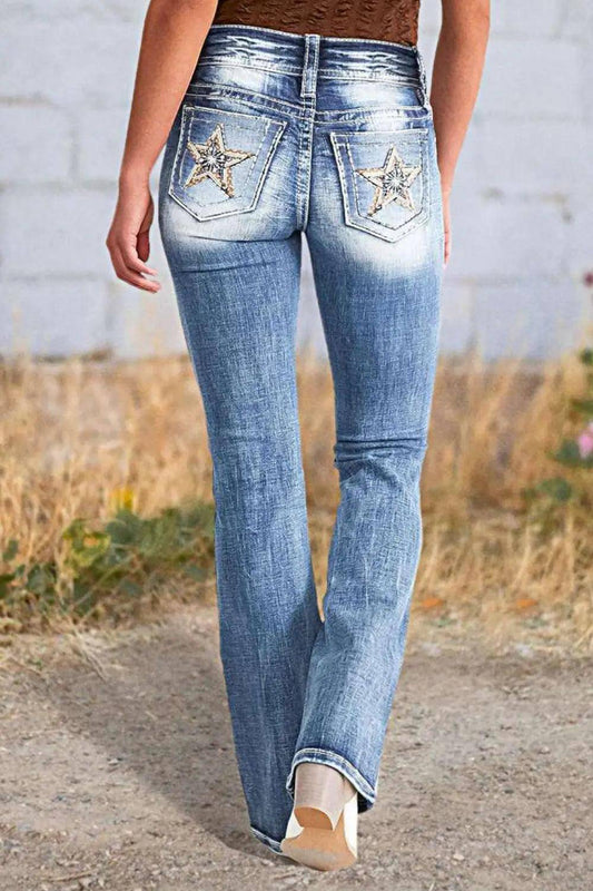 Star Embroidered Bootcut Jeans - Urban Trend Fashion