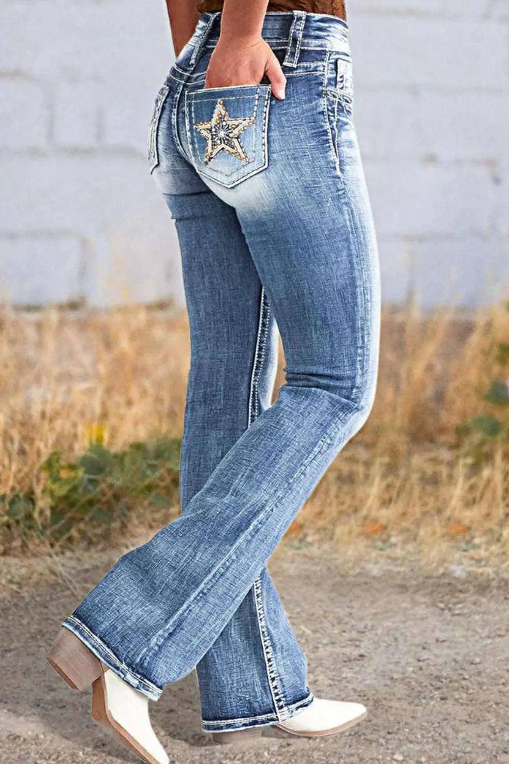 Star Embroidered Bootcut Jeans - Urban Trend Fashion