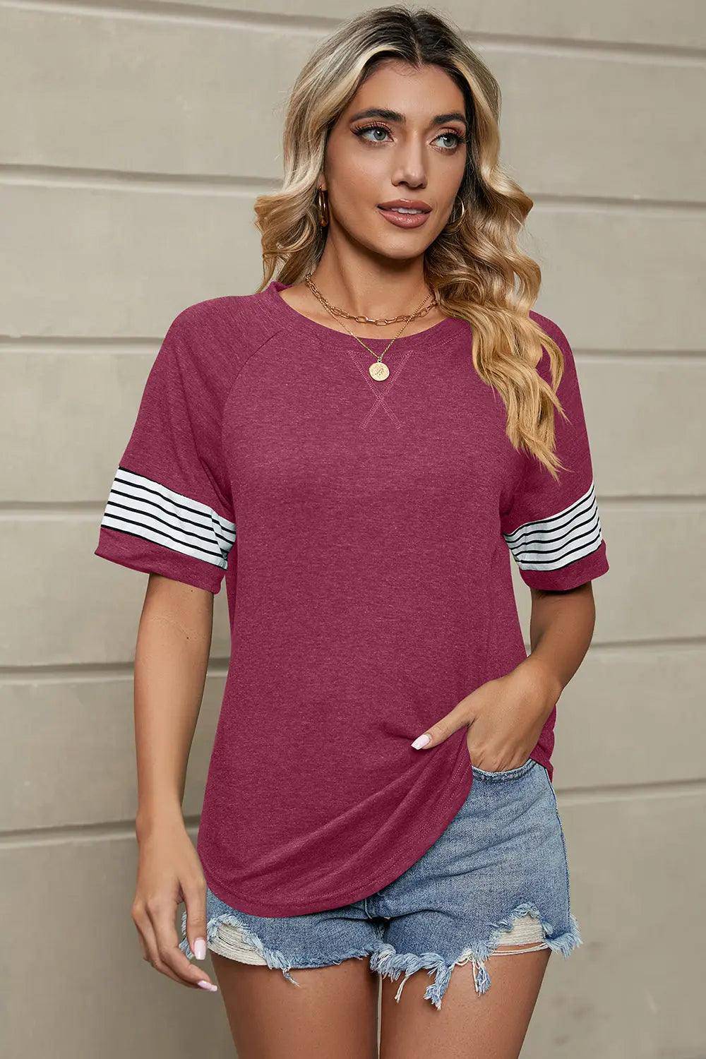 Striped Round Neck Short Sleeve T-Shirt - Urban Trend Fashion