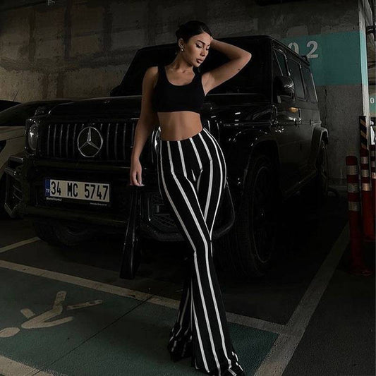 Striped Slightly Flared Black And White Contrast Casual Pants - Urban Trend Fashion