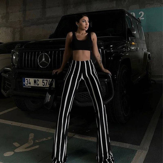 Striped Slightly Flared Black And White Contrast Casual Pants - Urban Trend Fashion