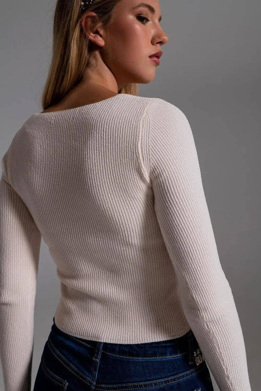 Sweetheart Neckline Chenille Sweater in Cream - Urban Trend Fashion