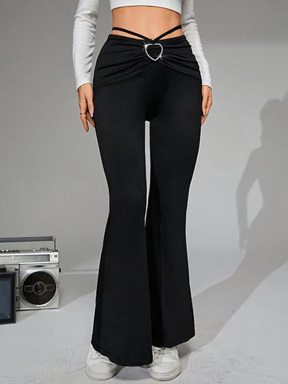 Tie-Back Flare Pants with Heart Buckle - Urban Trend Fashion