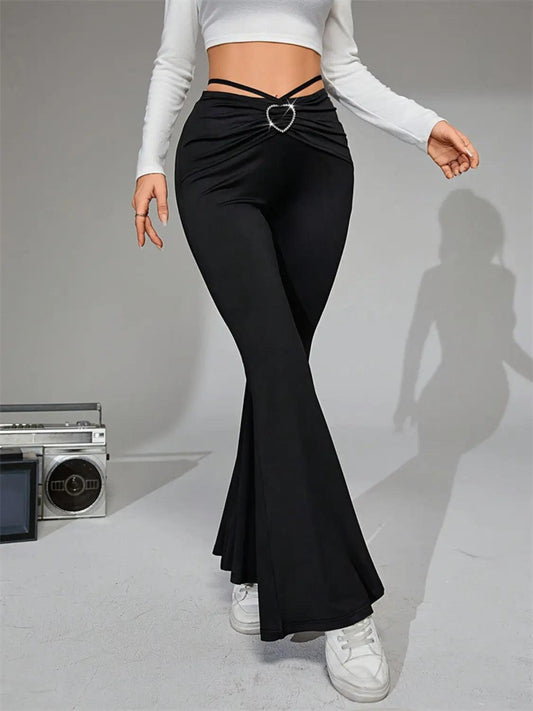 Tie-Back Flare Pants with Heart Buckle - Urban Trend Fashion