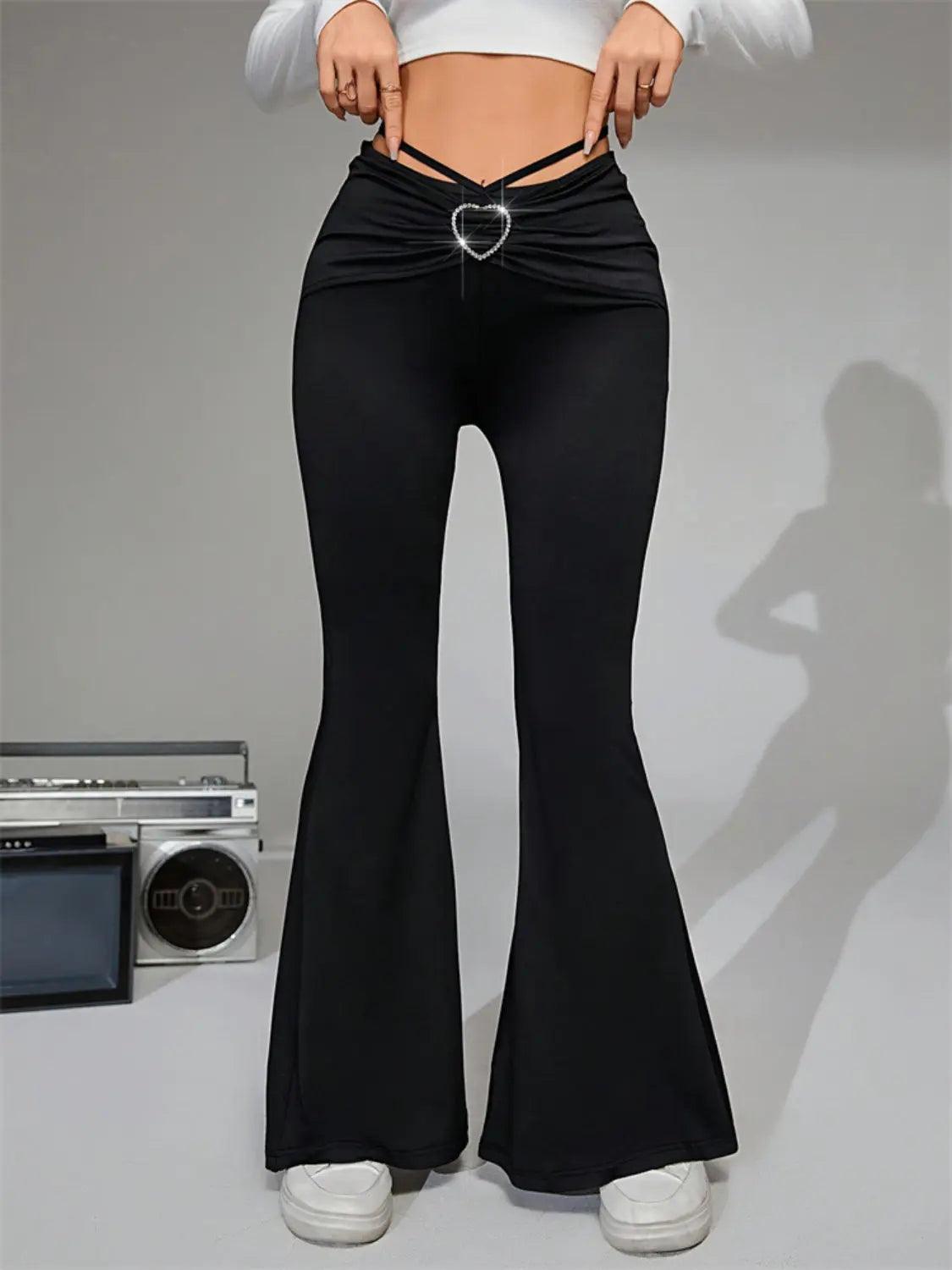 Tie-Back Flare Pants with Heart Buckle - Urban Trend Fashion