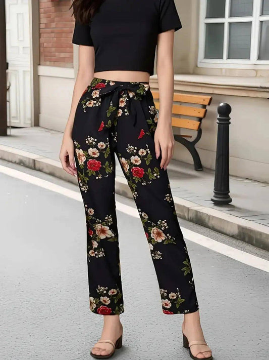 Tied Floral Straight Pants - Urban Trend Fashion