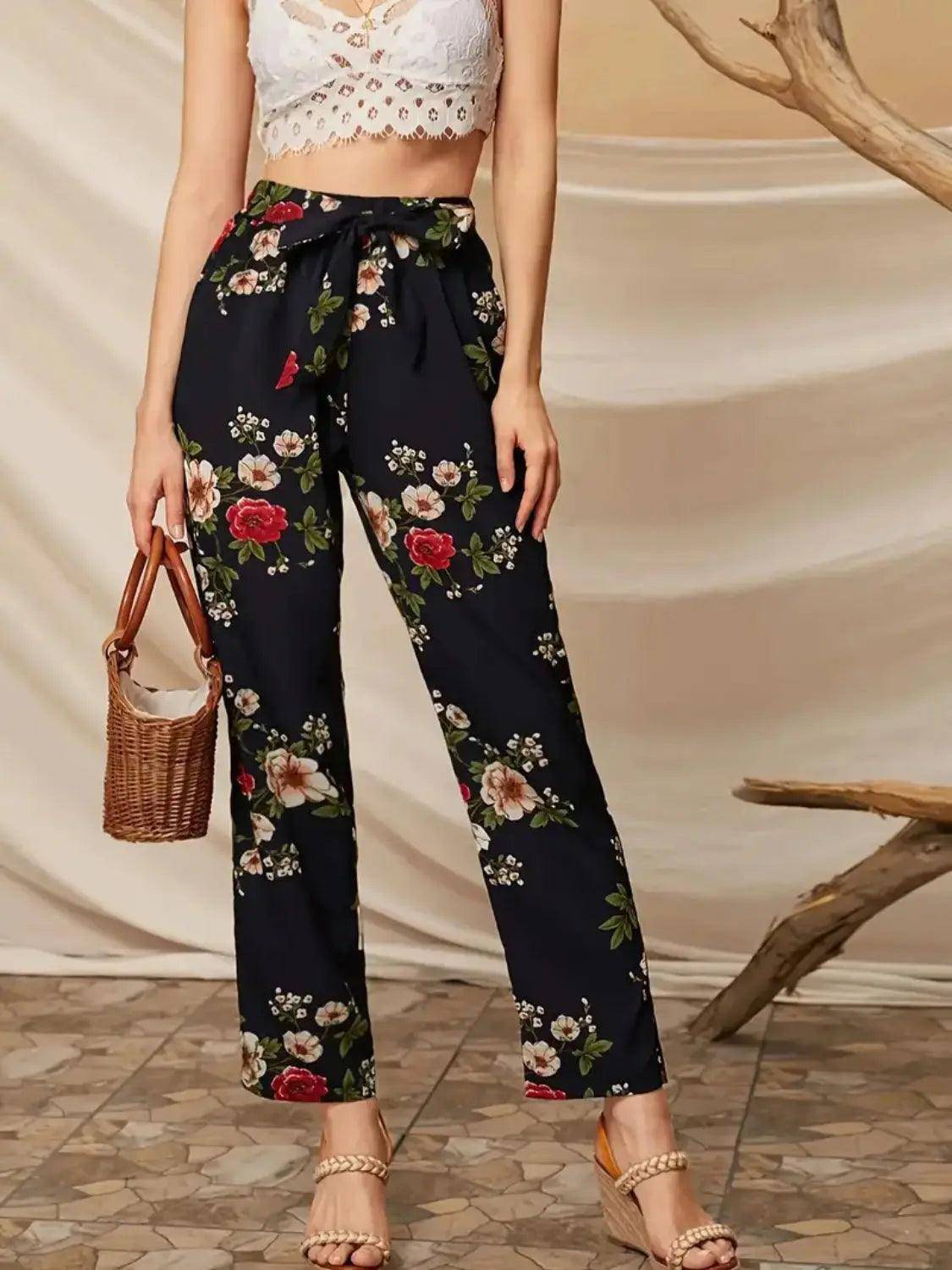 Tied Floral Straight Pants - Urban Trend Fashion