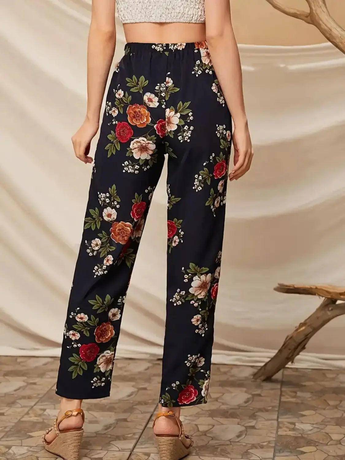 Tied Floral Straight Pants - Urban Trend Fashion