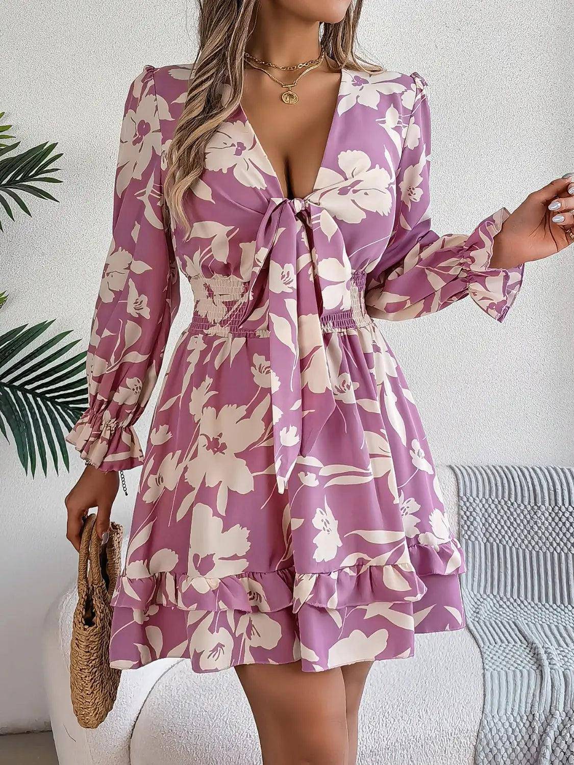 Tied Ruffled Printed Long Sleeve Dress - Urban Trend Fashion