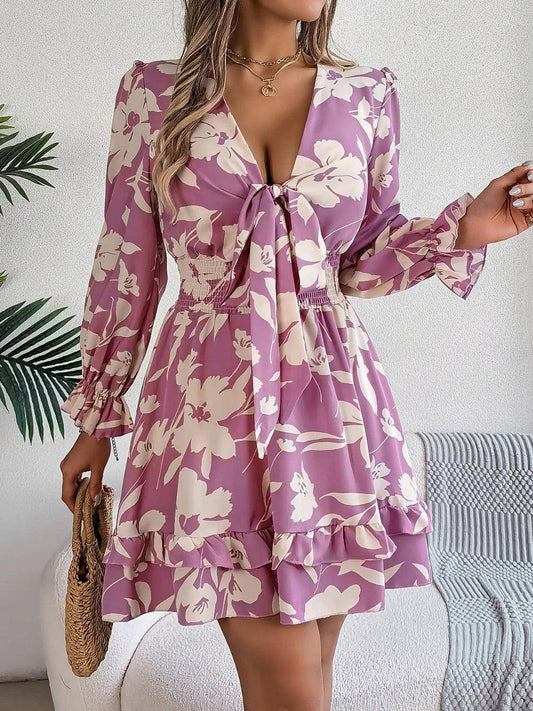 Tied Ruffled Printed Long Sleeve Dress - Urban Trend Fashion