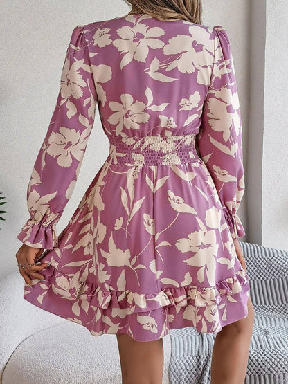 Tied Ruffled Printed Long Sleeve Dress - Urban Trend Fashion