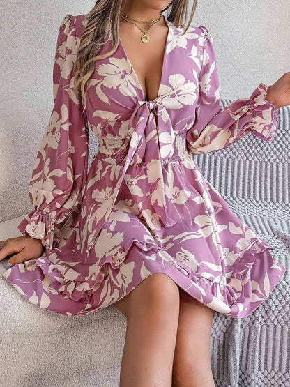 Tied Ruffled Printed Long Sleeve Dress - Urban Trend Fashion