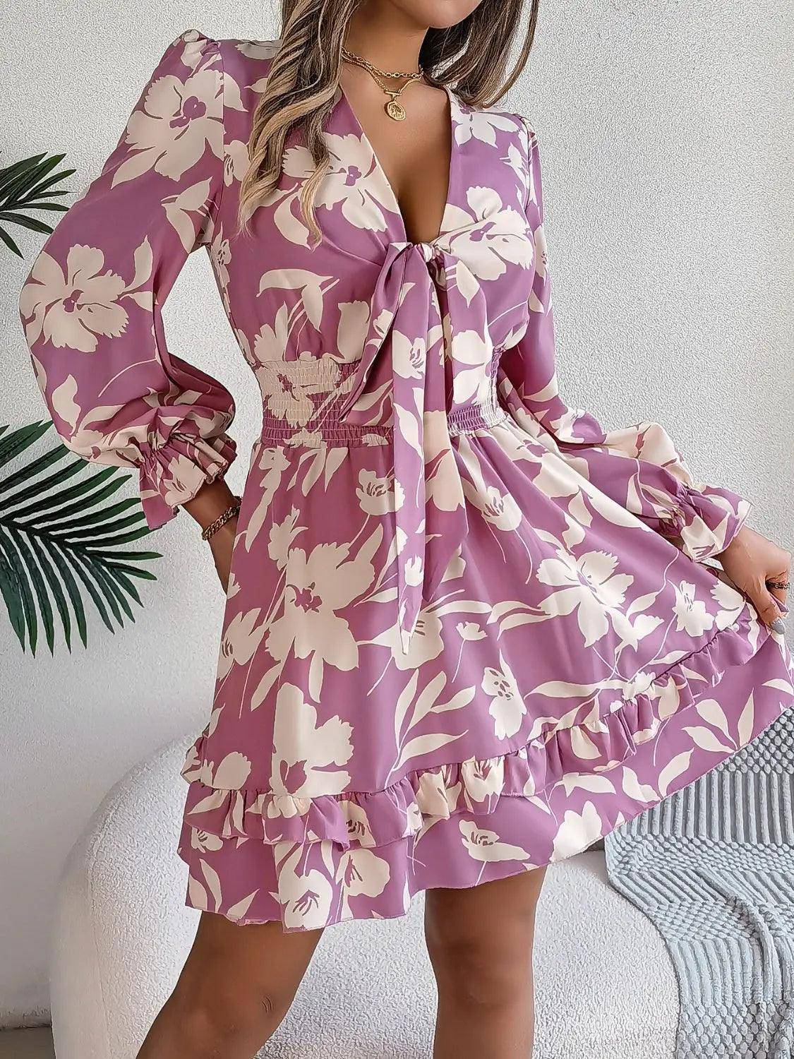 Tied Ruffled Printed Long Sleeve Dress - Urban Trend Fashion