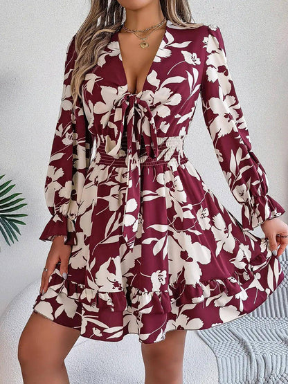 Tied Ruffled Printed Long Sleeve Dress - Urban Trend Fashion