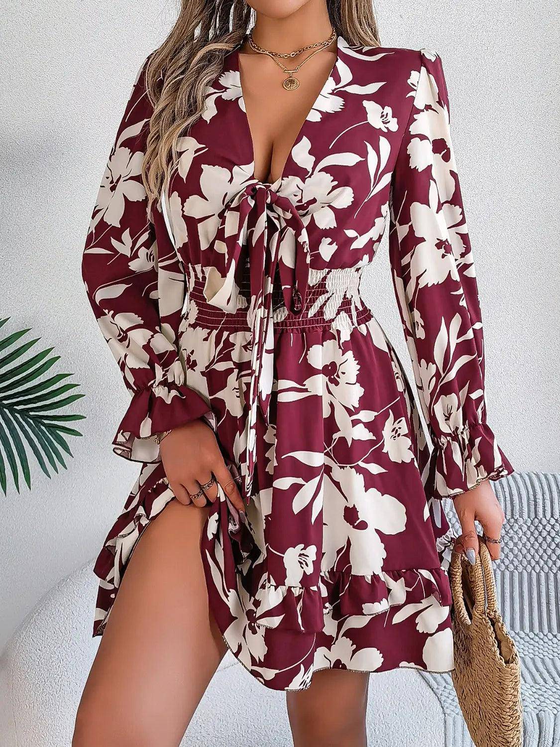 Tied Ruffled Printed Long Sleeve Dress - Urban Trend Fashion