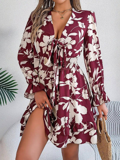 Tied Ruffled Printed Long Sleeve Dress - Urban Trend Fashion