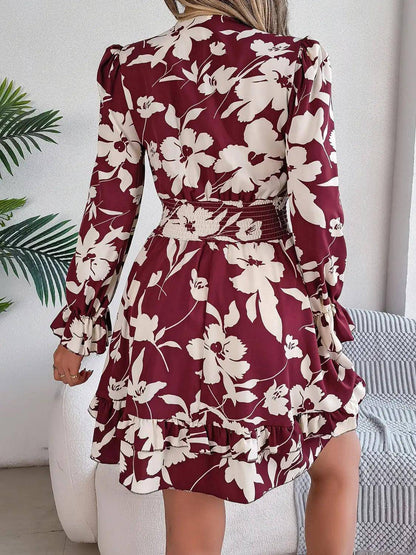 Tied Ruffled Printed Long Sleeve Dress - Urban Trend Fashion