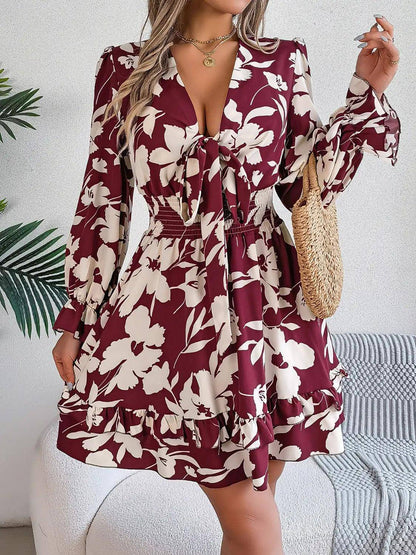 Tied Ruffled Printed Long Sleeve Dress - Urban Trend Fashion