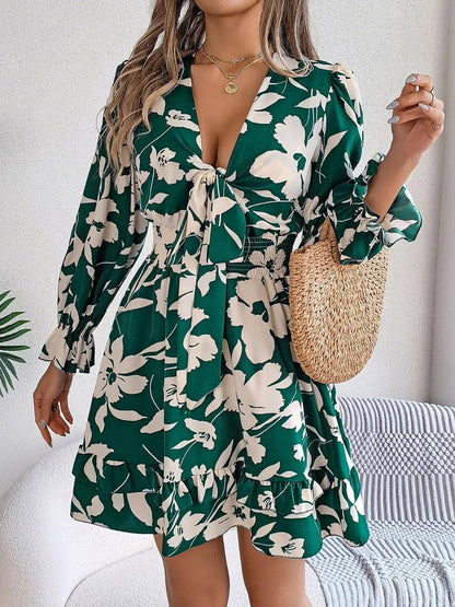 Tied Ruffled Printed Long Sleeve Dress - Urban Trend Fashion