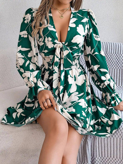 Tied Ruffled Printed Long Sleeve Dress - Urban Trend Fashion