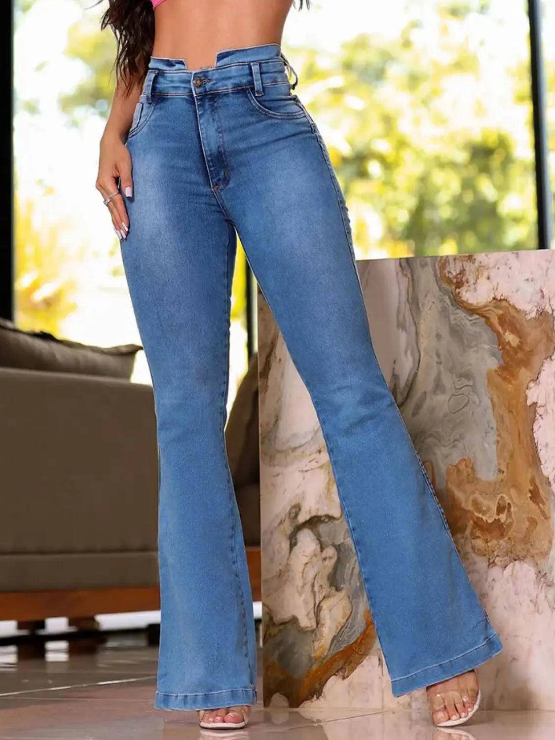 Washed Slim High Rise Flared Jeans - Urban Trend Fashion