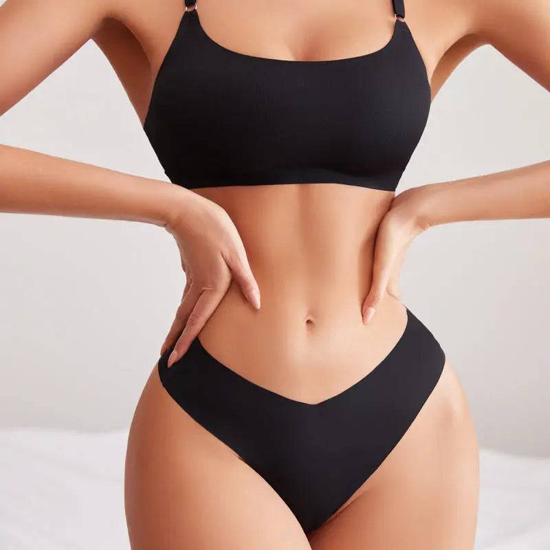 Women Seamless Bra Set Sexy Thong Low Waist Panties Wire Free Bra Bralette Lingerie Brassiere Ice Silk Female Underwear Set - Urban Trend Fashion